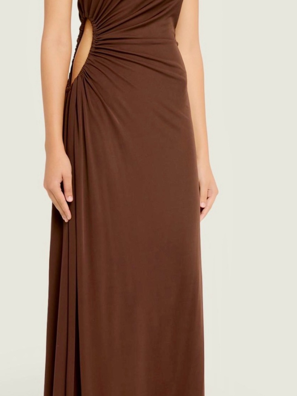 Bottega Veneta One-Shoulder Chocolate Brown Ruched Cutout Gown